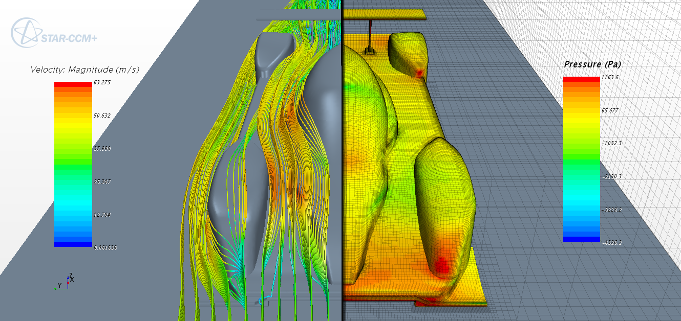 CFD generated streamlines and contours of pressure on a le mans prototype.